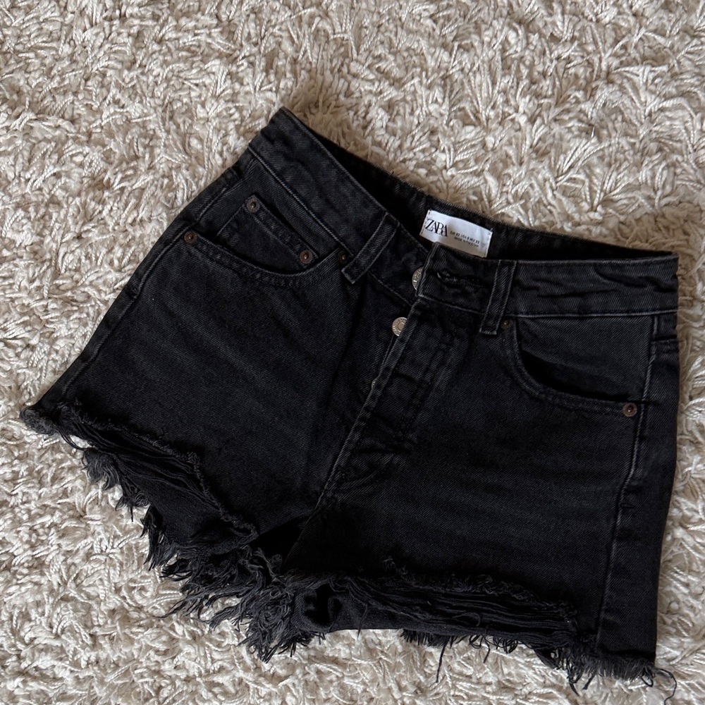 Zara Black Distressed High-Rise Denim Shorts